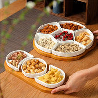 Ceramic Divided Snack Platter with Wooden Base for Nuts, Candies, and Appetizers