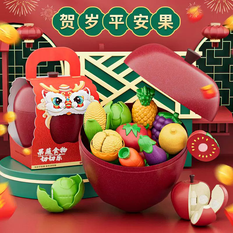 Newqida Kids Play Food Cutting Toy Set with Storage Bucket, Educational Pretend Play for Toddlers
