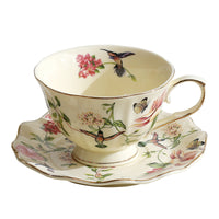 Vintage Floral Bird Coffee Cup and Saucer Set with Gold Trim, Ceramic Afternoon Tea Mug