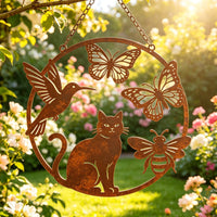 Rusted Metal Cat, Bird, Butterfly, Bee Garden Decor - Weatherproof Steel Outdoor Wall Art