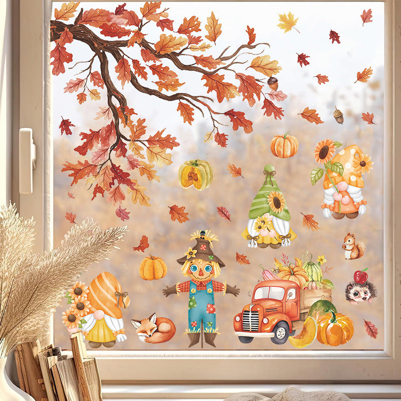 Thanksgiving Fall Cartoon Scarecrow Window Clings Maple Leaf Pumpkin Glass Decals