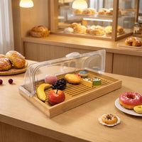 Bamboo Serving Tray with Clear Double-Flip Lid and Divider for Cake and Food Display