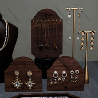 Vintage Walnut Wood Jewelry Display Stand Set for Earrings, Necklaces, Bracelets, and Rings