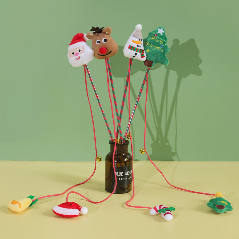 Christmas Pet Cat Wand Toy with Plush Cartoon Bell and Sound for Interactive Play and Training