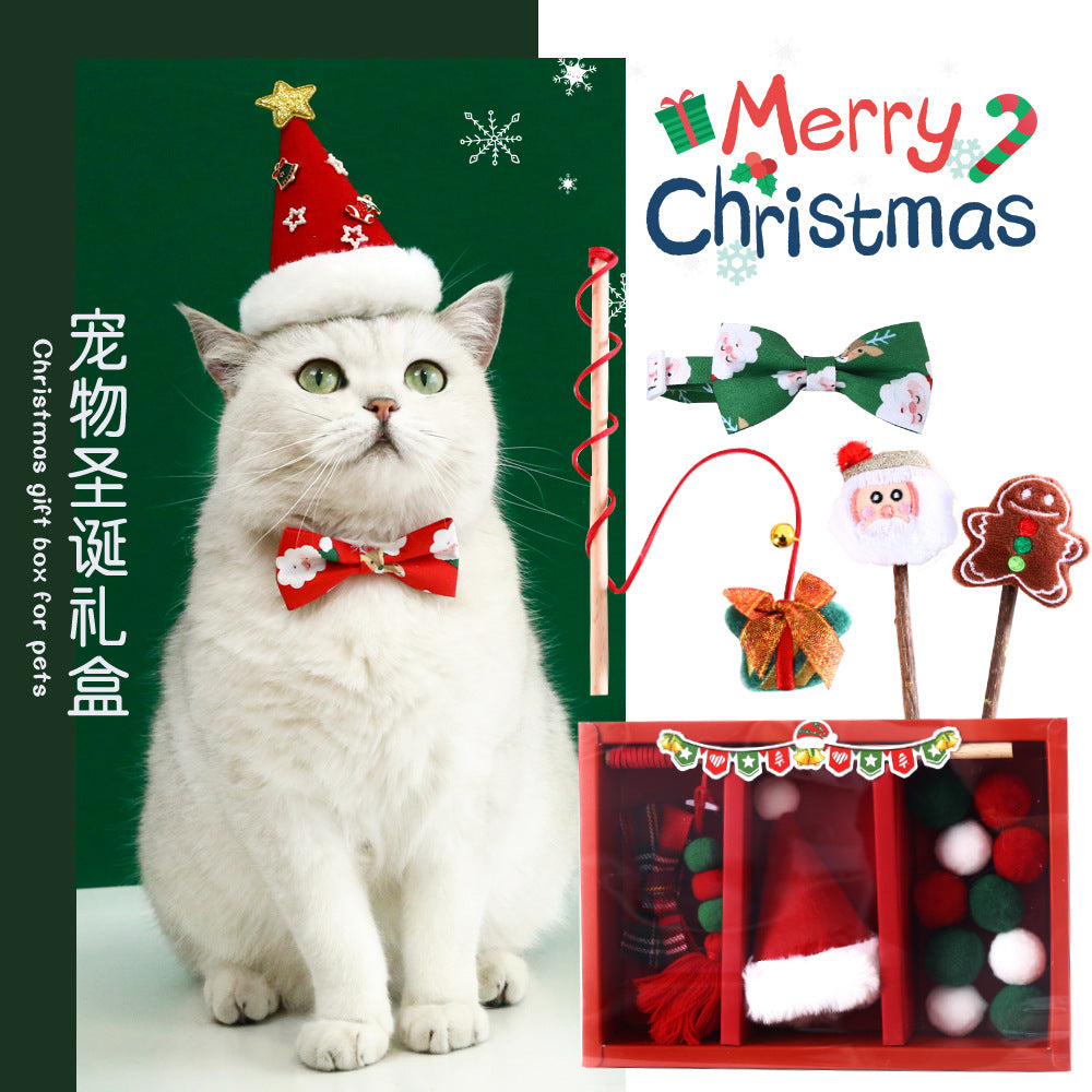 Christmas Cat Toy Gift Set with Santa Hat, Bow Tie Collar, Teaser Wand, and Plush Sound Toys