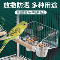 Acrylic Bird Feeder with Stainless Steel Bowls for Parrots, Anti-Scatter Design