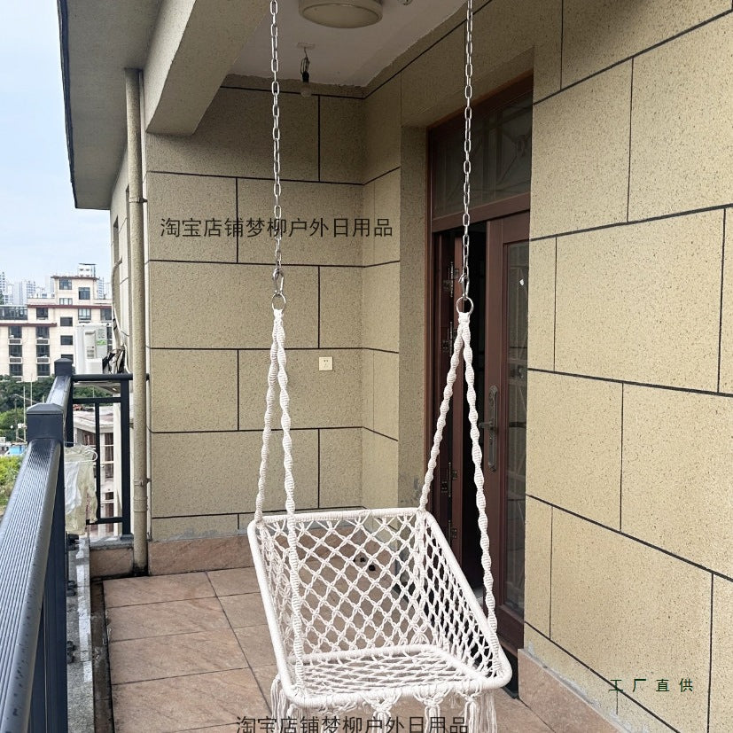 Square Macrame Hammock Chair Indoor Outdoor Patio Swing with Tassels