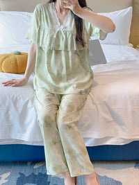 Women's Cotton Rayon Ruffle Pajama Set Short Sleeve Top and Shorts for Summer