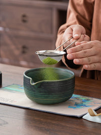 Japanese Style Matcha Bowl and Whisk Holder Set - Kiln Glazed Ceramic Tea Ceremony Kit