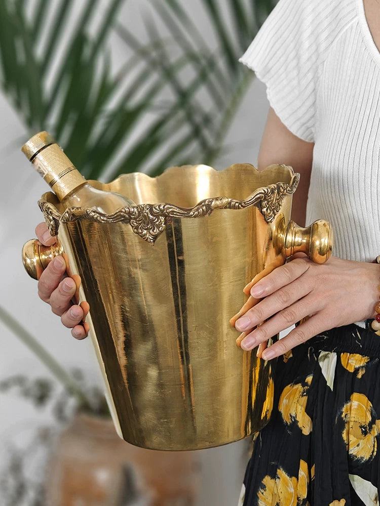 Handmade Indian Brass Ice Bucket Vintage American European Style Champagne Beer Bucket with Floral Decor