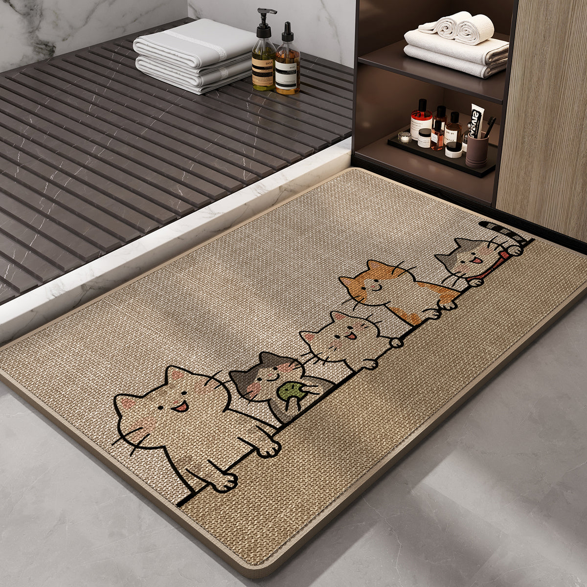 Cartoon Linen Diatomaceous Earth Bath Mat, Super Absorbent Quick Dry Non-Slip Floor Mat for Bathroom Entrance, Easy to Clean