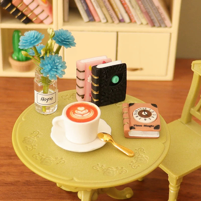 Dollhouse Miniature Magic Book Coffee Cup Bouquet Model Set