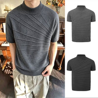Men's Striped Slim Fit Knitted T-Shirt Ice Silk Quick Dry Short Sleeve Business Casual Top