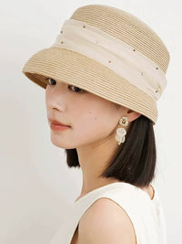Summer Organza Bucket Hat with Rhinestone Trim, Sun Protection Beach Hat
