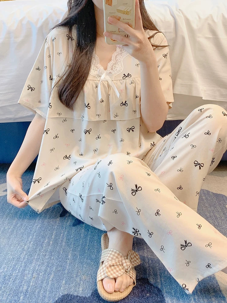 Women's Cotton Blend Short Sleeve Pajama Set with Long Pants, Princess Style, Anti-Bump Design