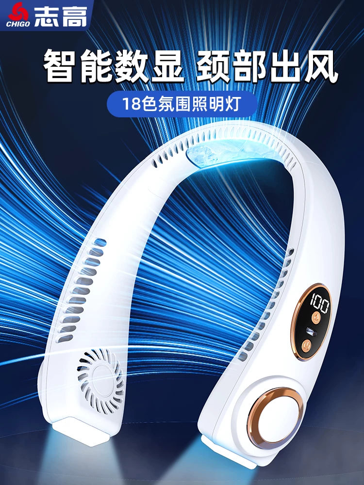 Portable Neck Fan with Cooling Feature, LED Lights, and Digital Display