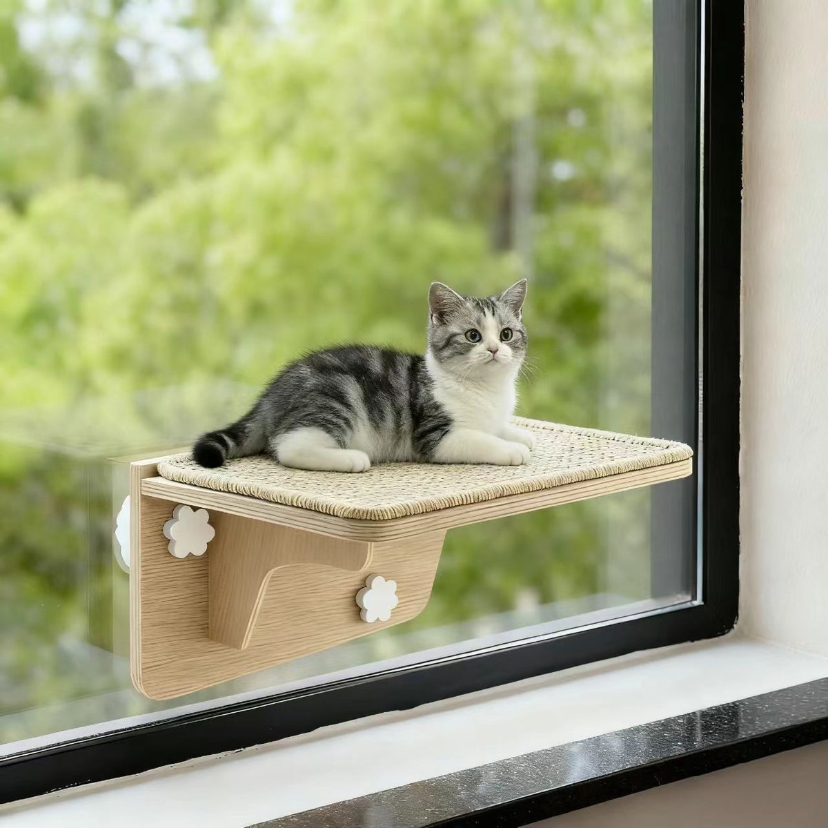Wall-Mounted Cat Hammock with Wooden Steps - Modern Pet Climbing Ladder & Perch