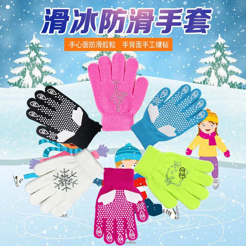 Kids Figure Skating Gloves with Rhinestones - Thickened High Elasticity for Ice Skating Training