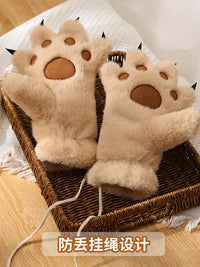 Cute Cartoon Bear Paw Cat Claw Plush Gloves for Women, Thickened Windproof Winter Mittens with Neck Strap