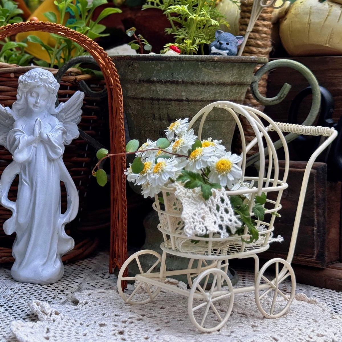 Mini Birdcage Stroller Garden Hanging Iron Art Decoration Courtyard Sundries Ornament