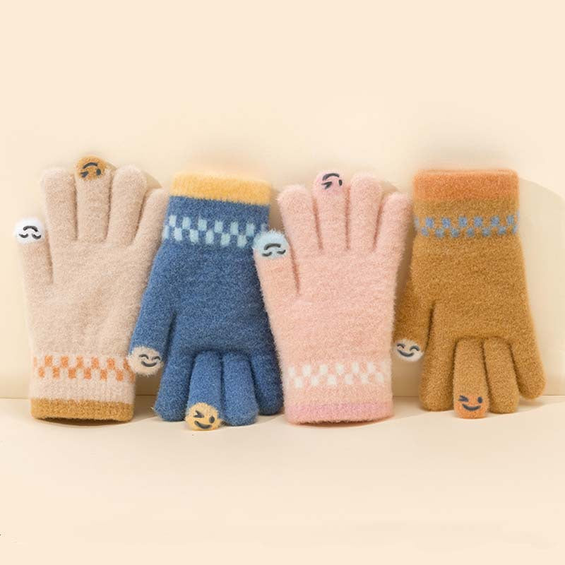 Kids Winter Warm Touchscreen Plush Knitted Gloves with Cartoon Smiley Face for Cycling