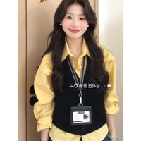Korean Style Autumn Outfit Yellow Long Sleeve Shirt and Knit Vest Two-Piece Set