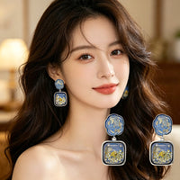 French Vintage Square Resin Earrings with Dried Flowers and Amber Effect, S925 Silver Needle