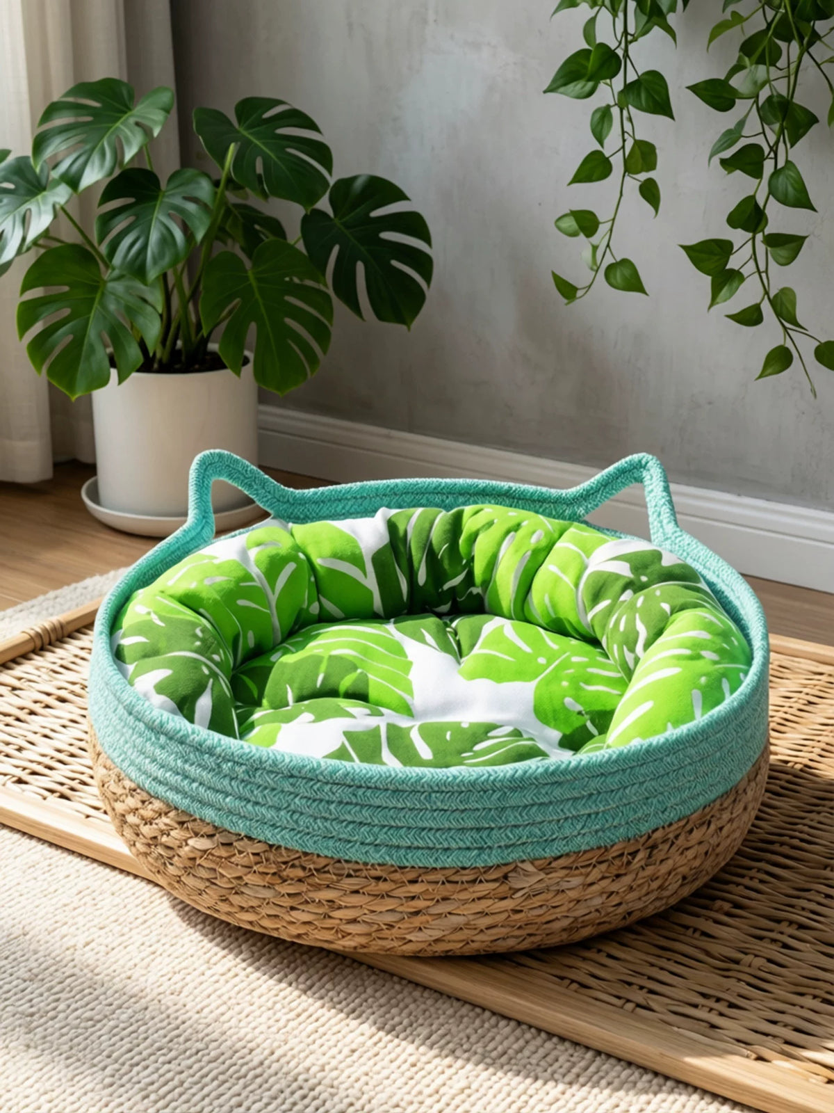 Handwoven Rattan Cat Bed with Scratching Board, All-Season Removable Washable Pet Nest