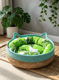 Handwoven Rattan Cat Bed with Scratching Board, All-Season Removable Washable Pet Nest