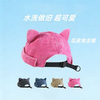 Cute Cat Ear Washed Beanie Hat for Women, Hip-Hop Style Docker Cap