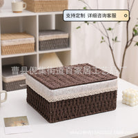 Woven Storage Basket with Lid, Rattan Fabric Desktop Organizer for Sundries and Remote Controls