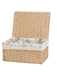 Woven Storage Basket with Lid for Desk, Snacks, Cosmetics, and Sundries