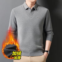 Men's Faux Two-Piece Shirt Collar Sweater with Fleece Lining, Thickened Warm Knitted Base Layer
