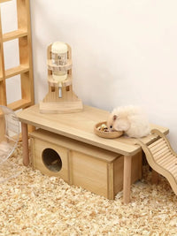 Hamster Cage Two-Story Platform Wooden Ladder Hideout House Ornament for Golden Bear Hamsters