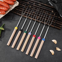 Outdoor Telescopic BBQ Fork Stainless Steel U-shaped Roasting Tool Wooden Handle Barbecue Skewer Set