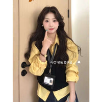 Korean Style Autumn Outfit Yellow Long Sleeve Shirt and Knit Vest Two-Piece Set