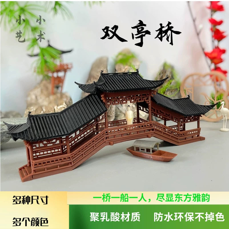 Miniature Ancient Chinese Covered Bridge Pavilion for Micro Landscape Aquariums and Bonsai