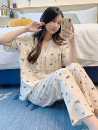 Women's Cotton Blend Short Sleeve Pajama Set with Long Pants, Princess Style, Anti-Bump Design
