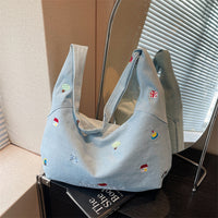 Large Capacity Canvas Tote Bag for Women - Embroidered Denim Crossbody Shoulder Bag with Zipper Closure