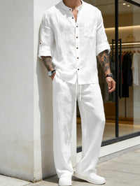 Men's Vintage Stand Collar Linen Long Sleeve Shirt & Pants Set