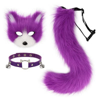 Faux Fur Fox Mask Fluffy Tail Leather Collar Set for Halloween Cosplay Party