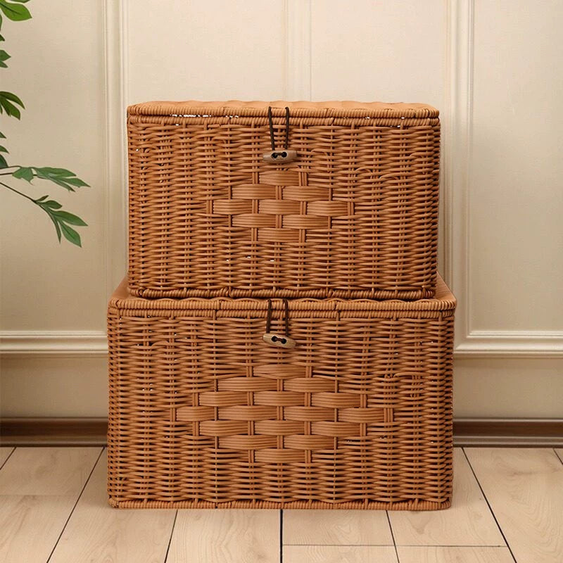 Woven Rattan Large Capacity Storage Box with Lid for Home Organization