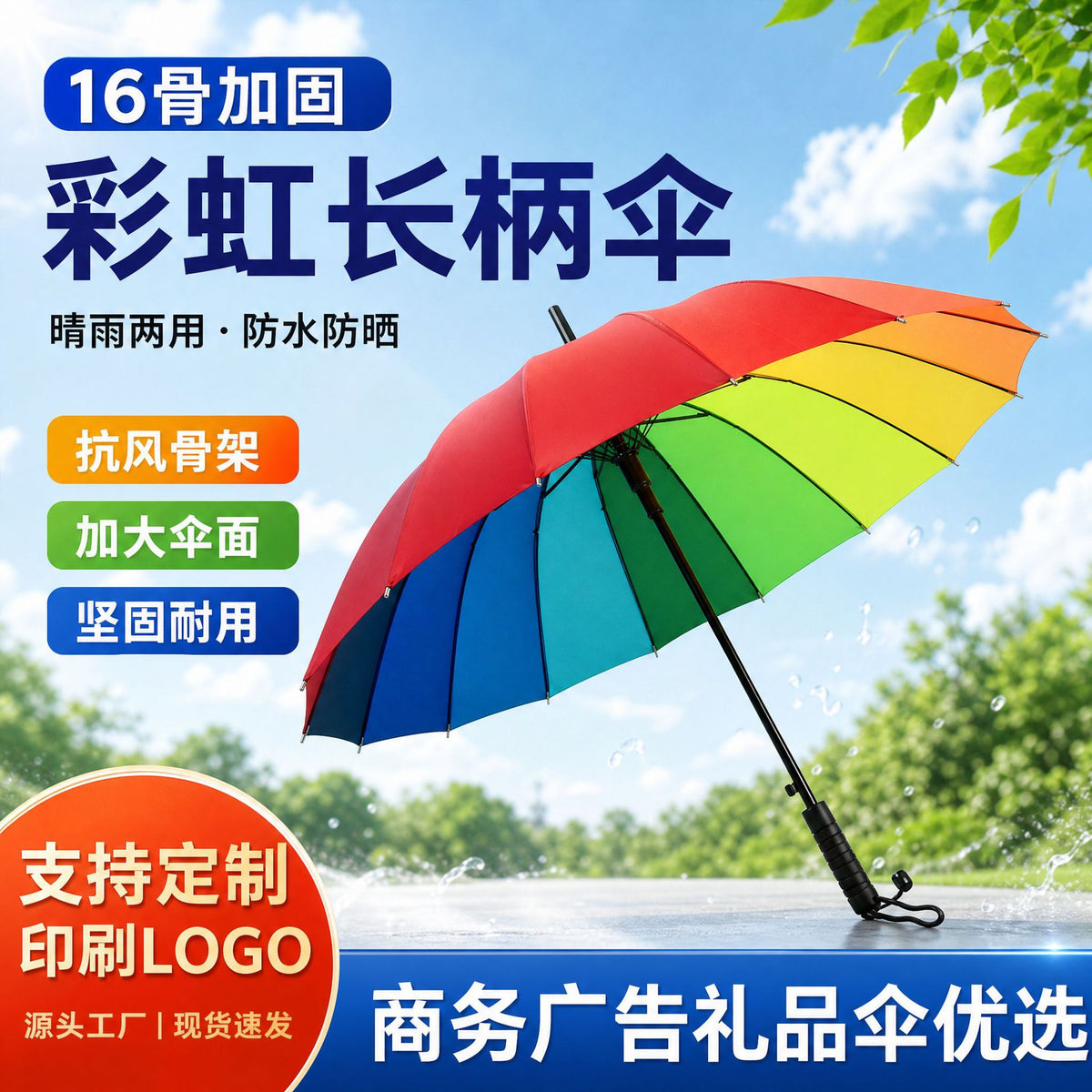 16-Rib Straight Rainbow Sun Umbrella Waterproof Long Handle Car Umbrella Business Umbrella