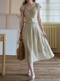 SimpleRetro Tencel Embroidered V-Neck Top & Skirt Set