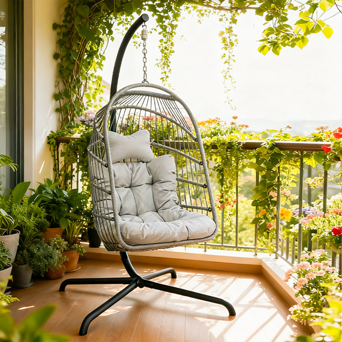 Xinningju Foldable Rattan Swing Chair for Indoor/Outdoor Use, Modern Minimalist Balcony Leisure Hanging Chair
