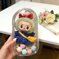 Labubu Figure Display Case PVC Dustproof Protection Bag with Keychain and Plush Ball