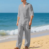 Men's Loose Fit V-Neck Henley Shirt & Long Pants Linen Blend Casual Set