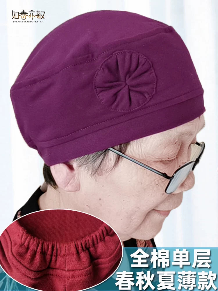 Elderly Women's Cotton Breathable Sleep Cap with Elastic Band for Warmth and Comfort