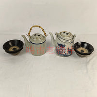 Vintage Folk Art Teapot and Ceramic Bowl Set - 1960s Retro Decorative Ornaments