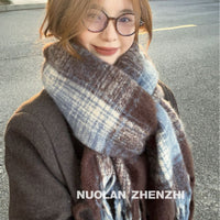 Women's Plaid Imitation Cashmere Scarf Winter Thick Warm Shawl Dual-Use Solid Color Student Neck Warmer